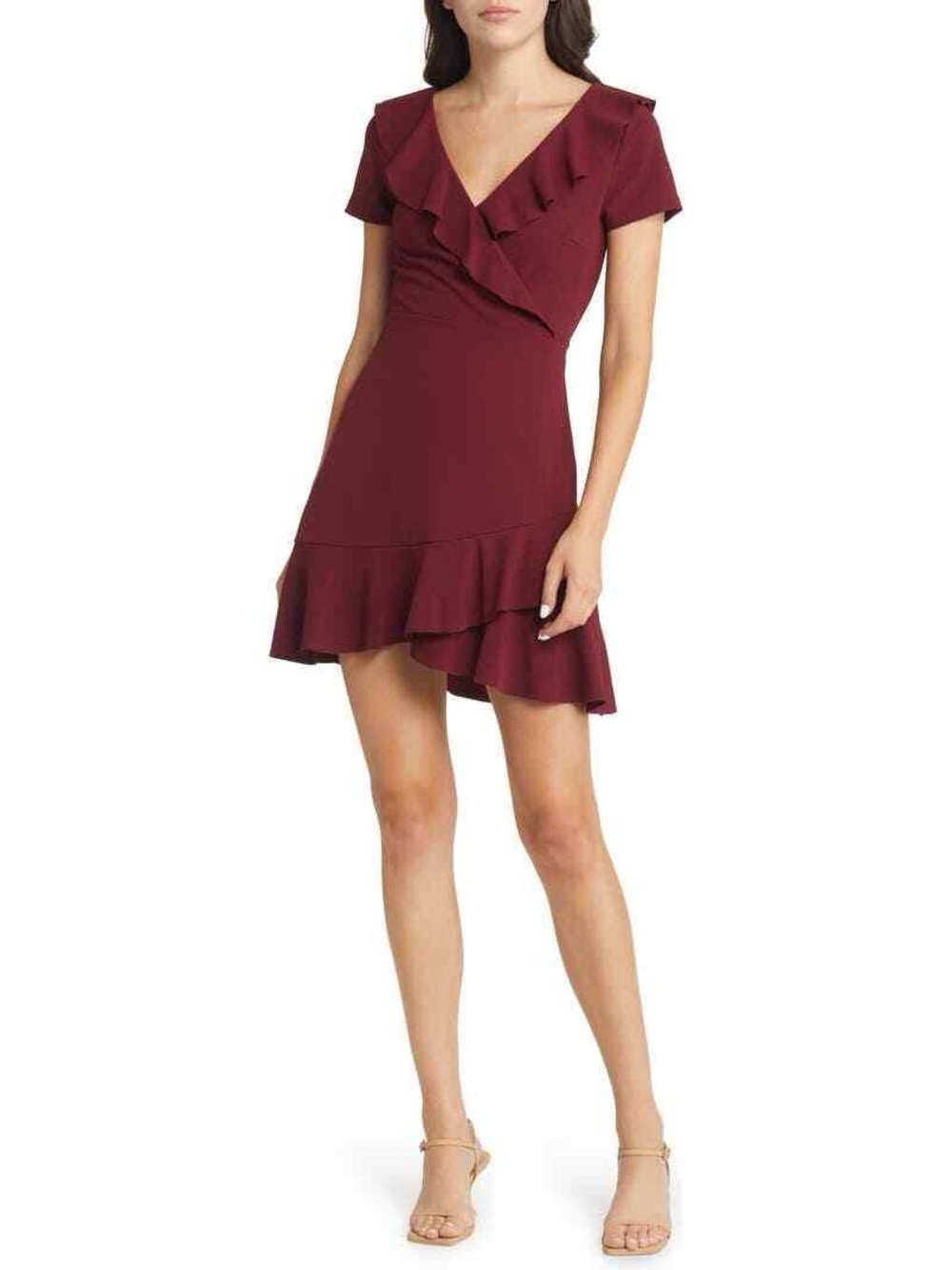 Altar’d State burgundy ruffle faux-wrap mini dress in size Large